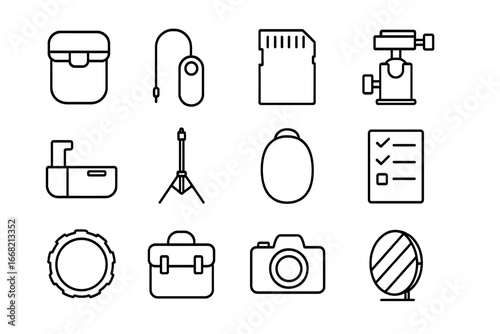 Photography Toolkit Icons. Outline vector icons of fashion photographer toolkit: lens case, shutter button,
