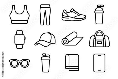 Fitness Fashion Icons. Outline icon set of fitness fashion creators: sports bra, leggings, sneakers, water