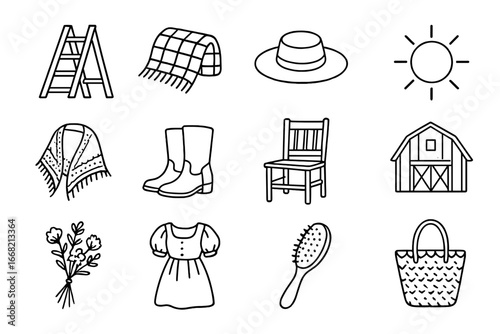 Rustic Fashion Icons. Outline vector icons of rustic fashion photography: wooden ladder, vintage blanket,