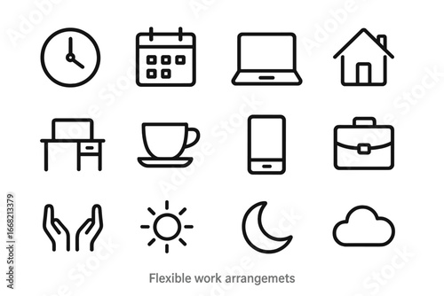 Flexible Work Icons. Outline icon set of flexible work arrangements: clock, calendar, laptop, home, office