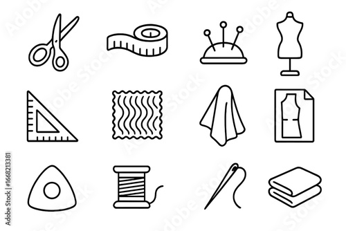 Fashion Icon Set. Outline vector icons of fashion textiles: fabric scissors, measuring tape, pin cushion,