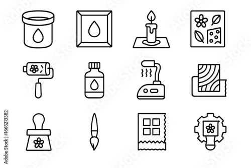 Fabric Printing Icons. Outline vector icons of fabric printing and dyeing: dye vat, screen frame, wax resist,