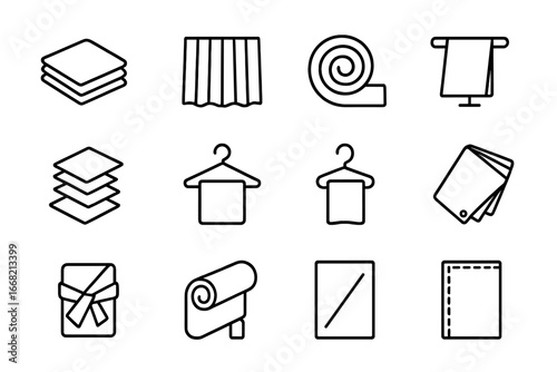 Fabric Folding Icons. Outline vector icons of fabric folding and display: moiré fold, pleated drape, spiral