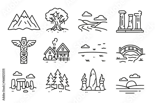 Folklore Landscape Icons. Outline icon set of folklore landscapes: mountain range, sacred tree, riverbank,