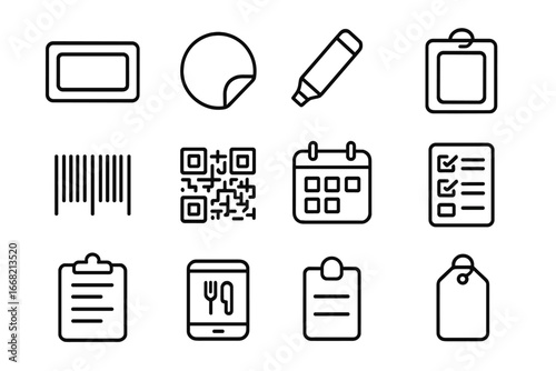 Food Label Icon Set. Outline icon set of food labeling and tracking: date label, sticker, marker pen,