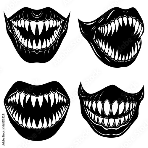 Four black and white images of stylized mouths with sharp teeth in various orientations and designs