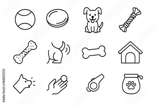 Dog Playtime Icons. Outline icon set of playing with dogs at home: tennis ball, frisbee, happy dog, tug rope,