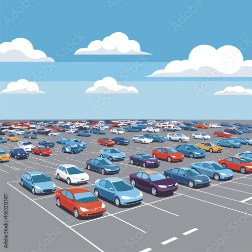 Vast crowded parking lot with many cars under a blue sky. Urban vehicle congestion illustration.