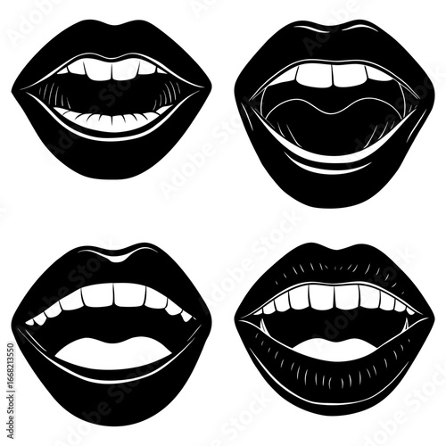 Four black and white mouth illustrations with open lips and visible teeth in a graphic style design