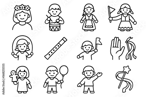 Folklore Tradition Icons. Outline icon set of children in folklore traditions: flower crown, toy drum, folk