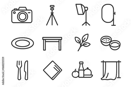 Food Photography Icons. Outline icon set of food photography and styling: camera, tripod, lighting equipment,