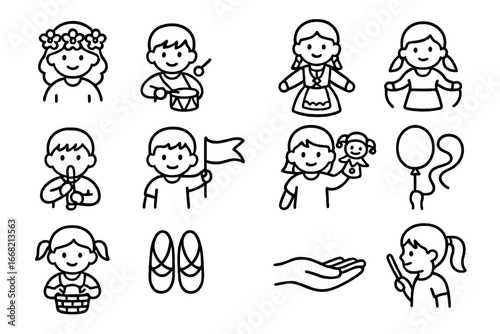Folklore Tradition Icons. Outline icon set of children in folklore traditions: flower crown, toy drum, folk