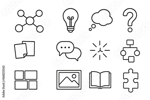 Brainstorming Icon Set. Outline icon set of brainstorming for writing: mind map, idea lightbulb, cloud