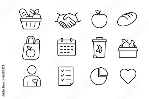 Food Waste Initiative Icons. Outline icon set of reducing food waste through community initiatives: food