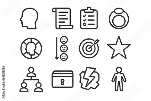 Character Development Icons. Outline icon set of character development: profile face, backstory scroll, traits