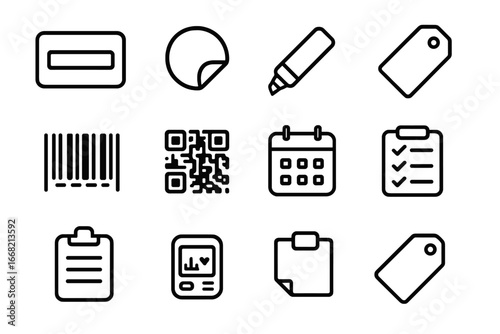 Food Label Icon Set. Outline icon set of food labeling and tracking: date label, sticker, marker pen,