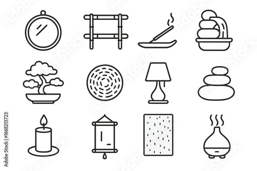 Zen Home Essentials. Outline icon set of zen-inspired home corners: round mirror, bamboo console, incense