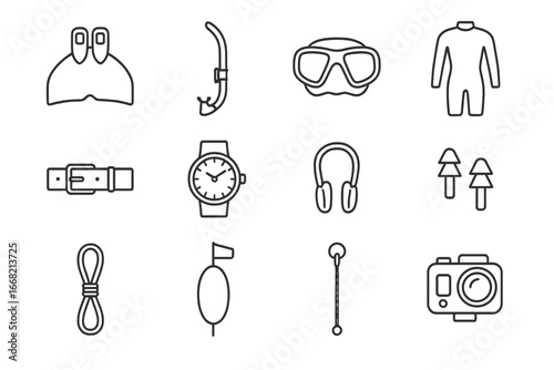 Freediving Icon Essentials. Outline icon set of freediving essentials: monofin, snorkel, low-volume mask,