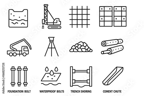 Foundation Construction Icons. Outline icon set of foundation construction: excavation pit, pile driver, rebar