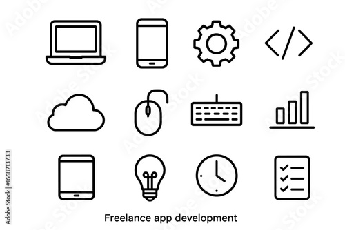 Freelance App Icon Set. Outline icon set of freelance app development: laptop, smartphone, gear, code brackets