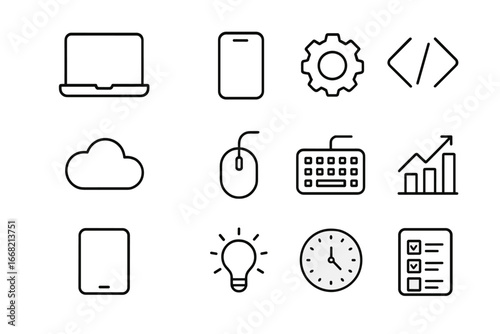 Freelance App Icon Set. Outline icon set of freelance app development: laptop, smartphone, gear, code brackets