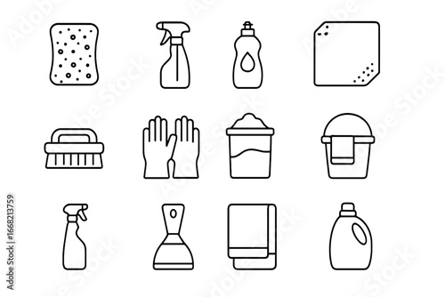 Fridge Cleaning Icons. Outline icon set of fridge cleaning tools: sponge, cleaning spray, dish soap bottle,