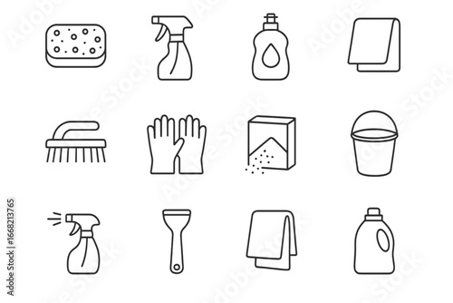 Fridge Cleaning Icons. Outline icon set of fridge cleaning tools: sponge, cleaning spray, dish soap bottle,