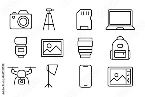 Freelance Photography Icons. Outline icon set of freelance photography: camera, tripod, memory card, laptop,