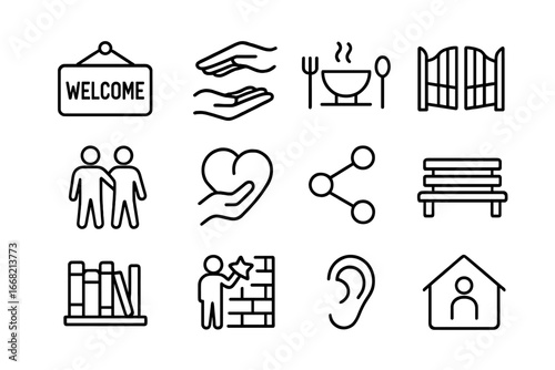 Social Inclusion Icons. Outline icon set of social inclusion: welcome sign, helping hands, meal share, open