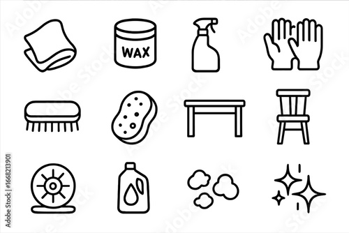 Furniture Restoration Icons. Outline icon set of furniture polishing and restoration tools: polishing cloth,