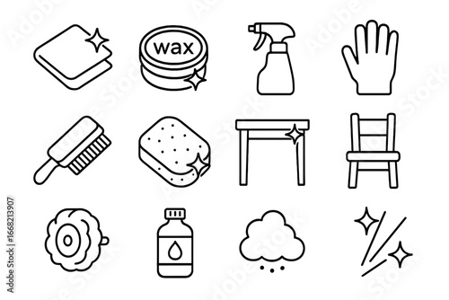Furniture Restoration Icons. Outline icon set of furniture polishing and restoration tools: polishing cloth,