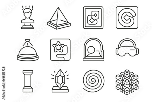 Futuristic Museum Icon Set. Outline icon set of futuristic museum experiences: hologram sculpture, prism,