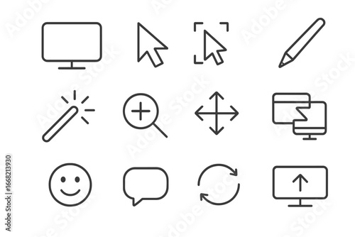 Screen Share Icons. Outline icon set of screen sharing and interaction: screen icon, cursor pointer, highlight