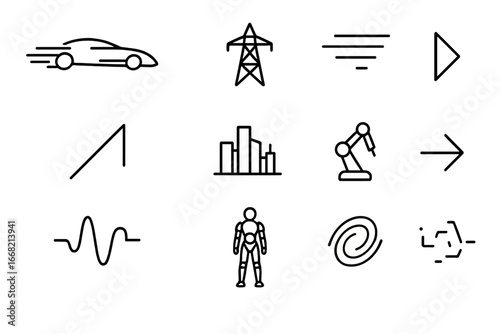 Futuristic Icon Grid. Outline icon set of Futurism: speeding car, electric tower, motion lines, sharp angle,