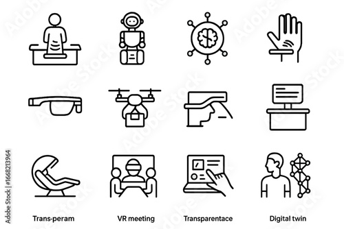 Futuristic Office Icons. Outline icon set of future IoT office concepts: hologram desk, robotic assistant, AI