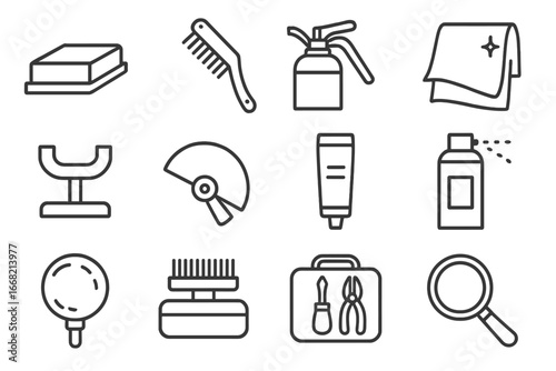Tool Icon Set. Outline icon set of tool maintenance station: sharpening stone, wire brush, oil can, cleaning