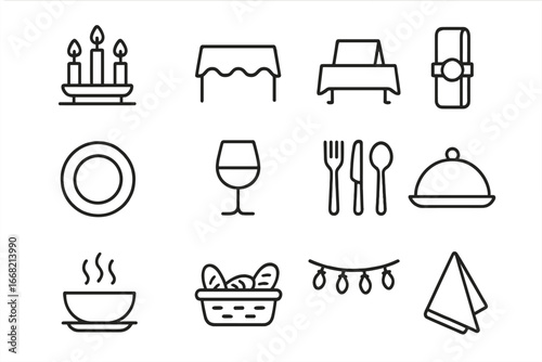 Celebratory Dining Icons. Outline icon set of celebratory dining setup: candle centerpiece, tablecloth, place