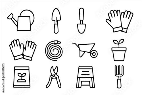 Garden DIY Icons. Outline icon set of garden DIY projects: watering can, trowel, shovel, rake, gloves, hose,