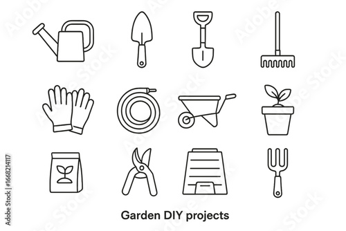 Garden DIY Icons. Outline icon set of garden DIY projects: watering can, trowel, shovel, rake, gloves, hose,