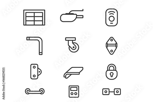 Garage Door Icons. Outline icon set of garage doors: sectional door, opener motor, remote control, track,