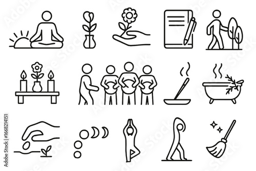 Spring Ritual Icons. Outline icon set of seasonal rituals for spring: sunrise meditation, flower offering,