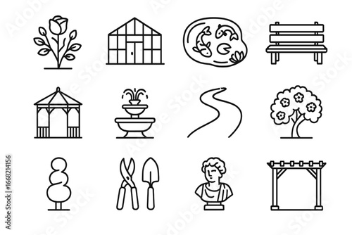Garden Icon Set. Outline icon set of visiting local gardens: rose bush, greenhouse, koi pond, park bench,