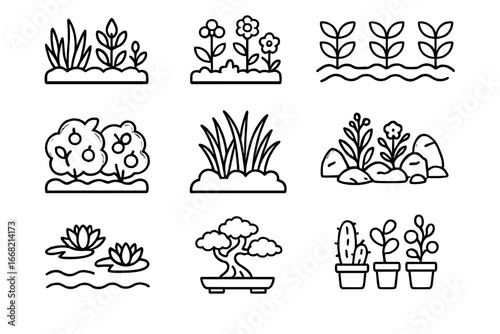 Garden Plant Icons. Outline icon set of garden plant grouping: herb patch, flower bed, vegetable rows, fruit