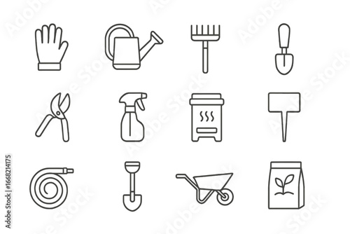 Garden Tools Icons. Outline icon set of garden maintenance: gloves, watering can, rake, trowel, garden shears,