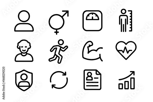User Fitness Icon Set. Outline icon set of user fitness profiles: profile avatar, gender icon, weight input,