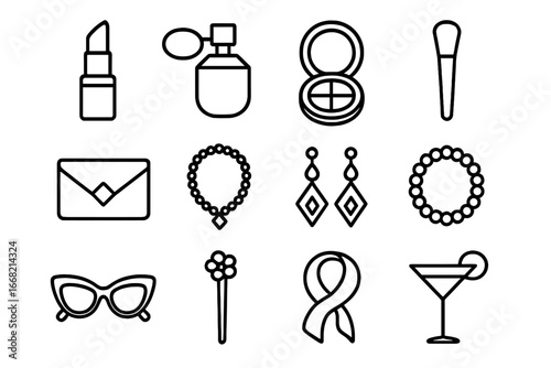 Glamorous Makeup Icon Set. Outline icon set of glamorous evening makeup accessories: lipstick, perfume bottle,