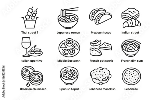 Global Cuisine Icons. Outline icon set of international cuisine trends: Thai street food, Japanese ramen,