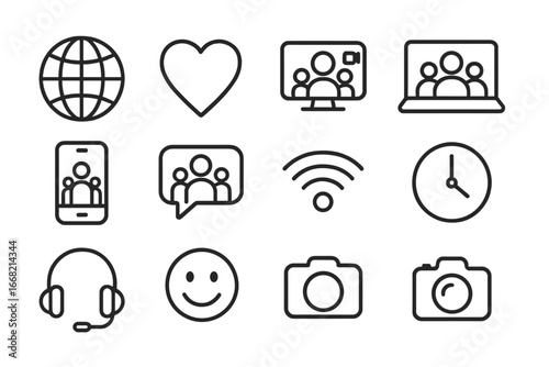Global Family Icon Set. Outline icon set of global family networks: globe, heart, video call icon, laptop,
