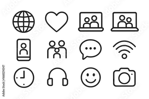 Global Family Icon Set. Outline icon set of global family networks: globe, heart, video call icon, laptop,