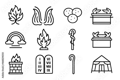 Old Testament Icons Grid. Outline icon set of Old Testament grace symbols: burning bush, parted sea, manna